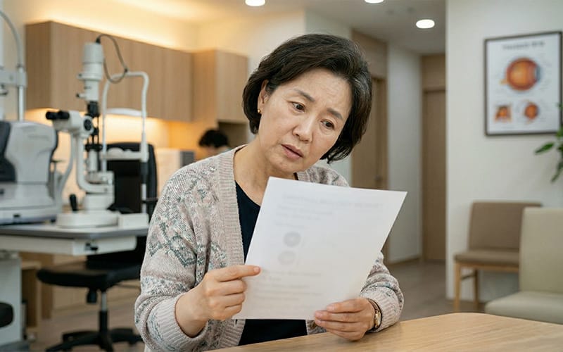 시력검사 결과지를 보고 있는 고령 환자