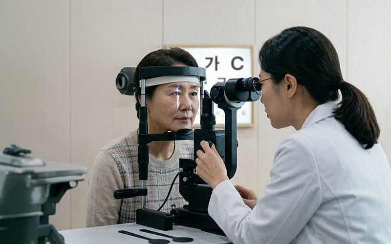 세극등 현미경 검사를 받고 있는 고령 환자