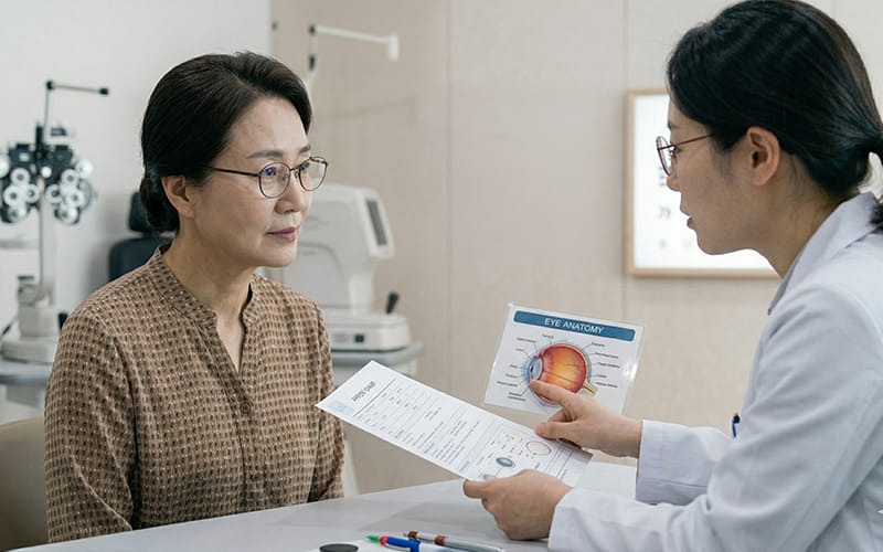 안과에서 상담을 받고 있는 안경을 쓴 고령 환자