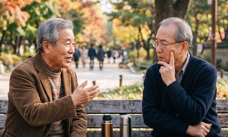 An elderly patient having a comfortable conversation with a friend