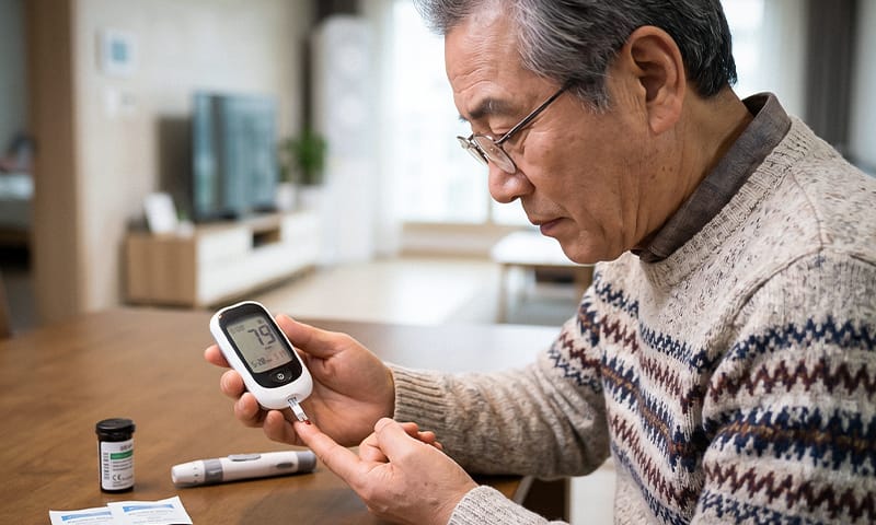 An elderly patient monitoring their blood sugar levels using a glucose meter