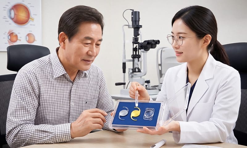 An elderly patient consulting with an ophthalmologist about intraocular lens (IOL) options