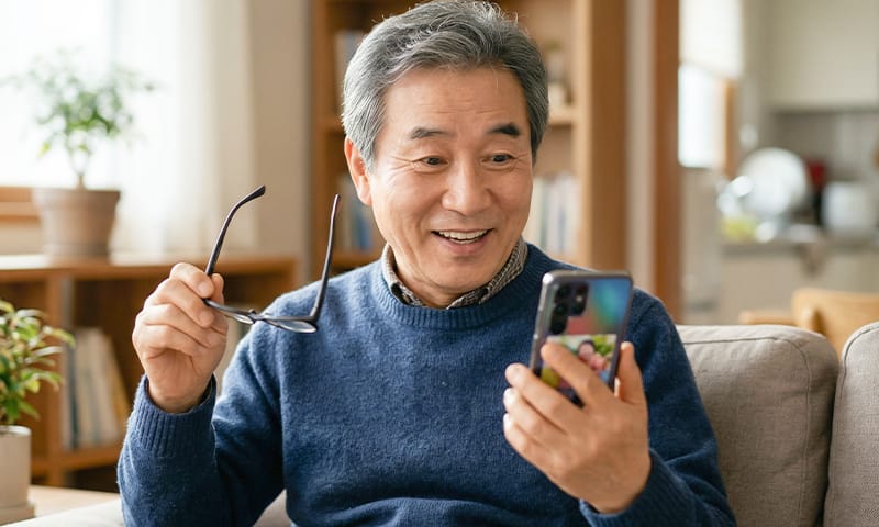 스마트폰을 돋보기 안경 없이 보며 놀라워하는 표정을 짓는 노인