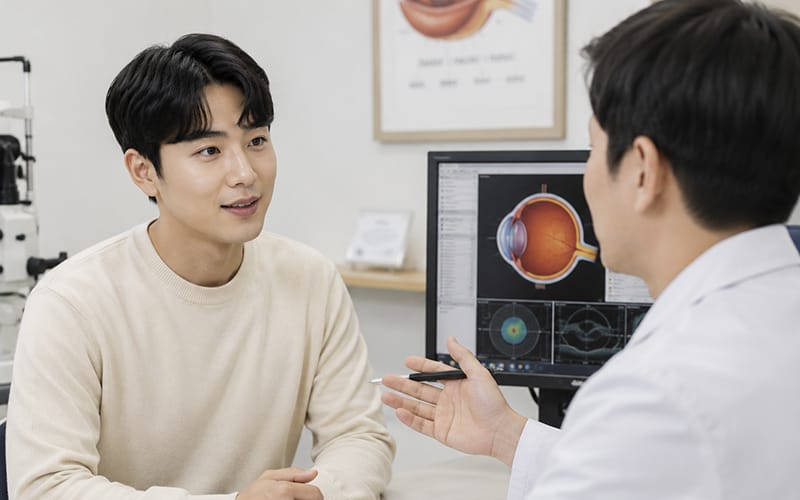 A young man in his 20s or 30s consulting with a medical professional at an ophthalmology clinic