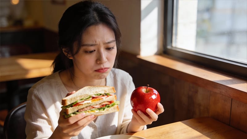 샌드위치를 들고 라미네이트 파절을 걱정하며 고민하는 20대 여성
