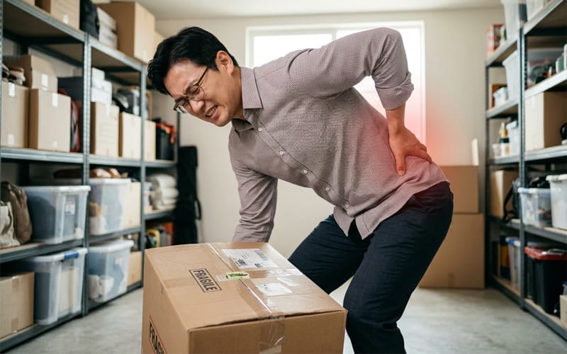 A person experiencing sudden lower back pain while lifting a heavy box.