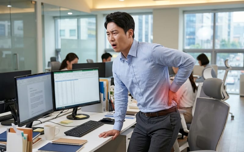 An office worker clutching their lower back when standing up from a chair.