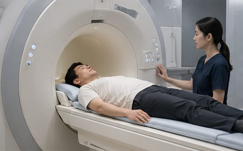 A patient undergoing an MRI scan for a herniated disc.