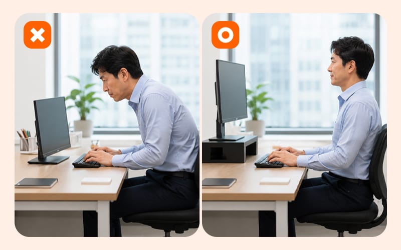 A comparison of poor posture and proper ergonomic posture at a desk.