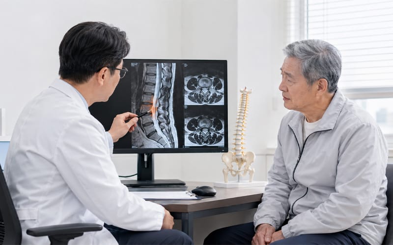 An elderly patient listening to an explanation of their spinal MRI results