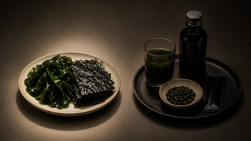 A comparison image showing a neat plate of fresh seaweed in moderation versus concentrated seaweed supplements like pills and extracts.