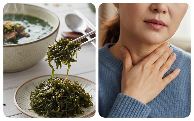 A patient holding their neck in pain near the thyroid gland after consuming an excessive mountain of seaweed and seaweed soup.