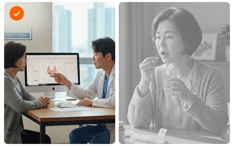 증상이 경미한 고령 환자가 약을 먹고 있는 모습과 병원에서 추적관찰을 하는 장면