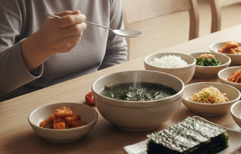 한국인의 밥상, 김과 미역국이 있는 정갈한 한식 차림