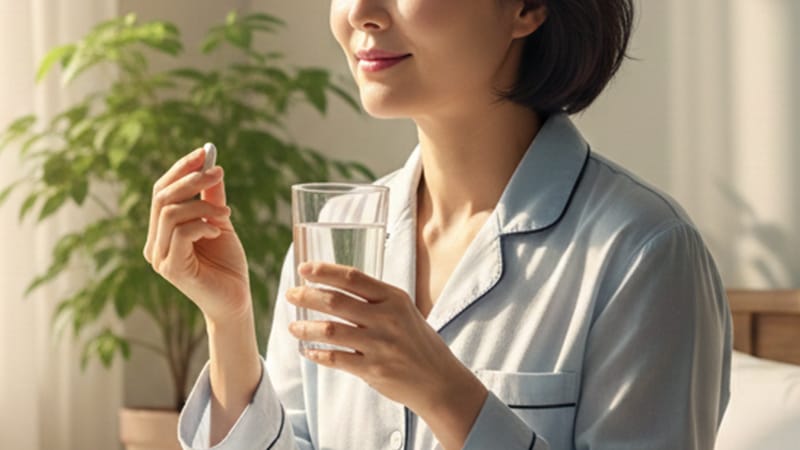 침대 위에 앉아서(방금 일어난 듯한 느낌), 공복에 약을 먹고 있는 모습