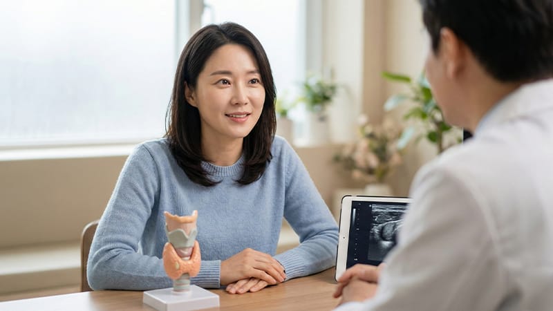 A pregnant thyroid patient during a consultation at a hospital
