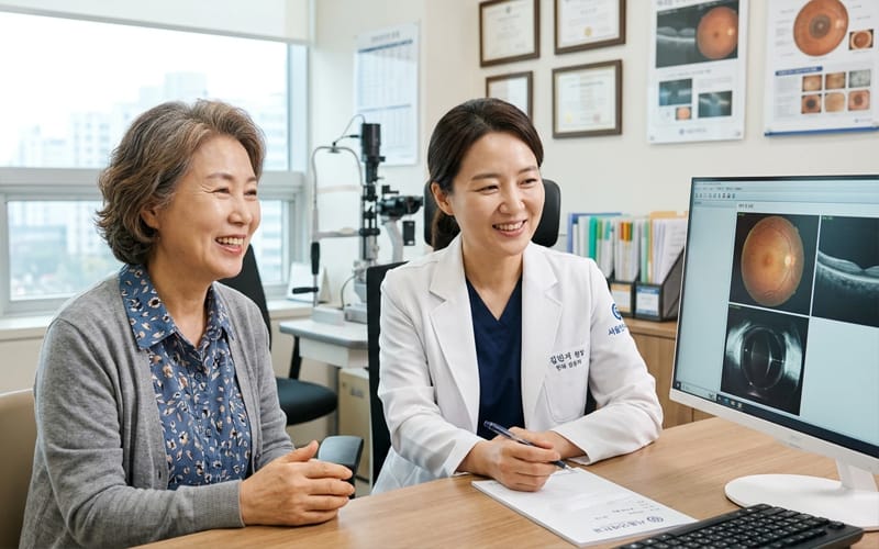 An elderly patient during a consultation at an ophthalmology clinic