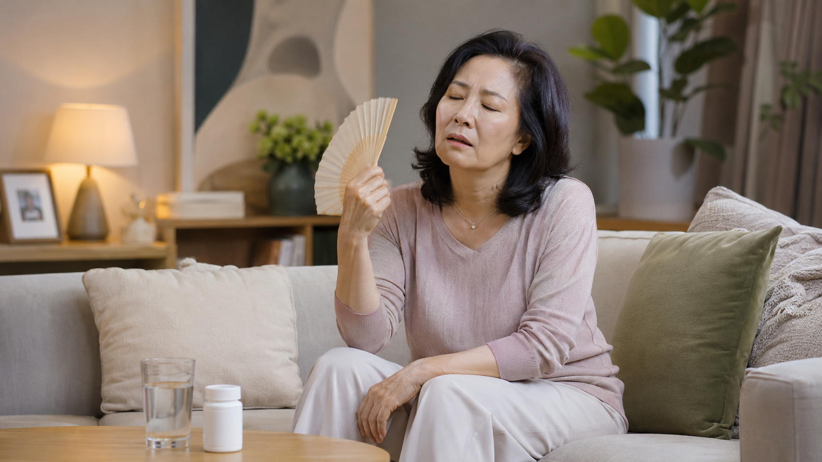 A middle-aged woman fanning herself due to menopausal hot flashes