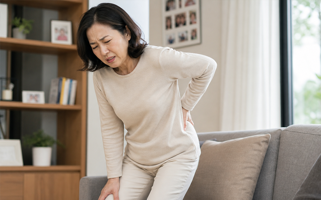 A middle-aged woman clutching her lower back in pain