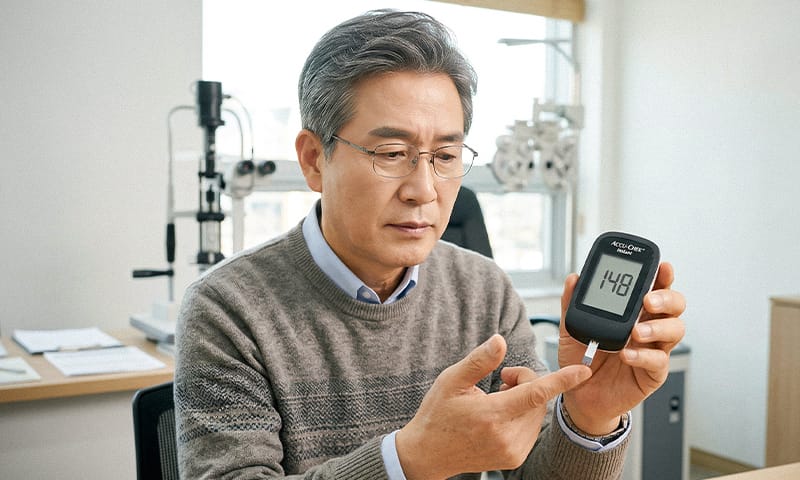 An elderly patient checking their blood sugar levels at an eye clinic