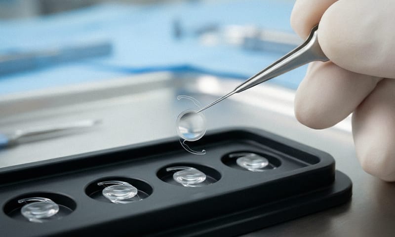 An image of various intraocular lenses (IOLs) being held with tweezers
