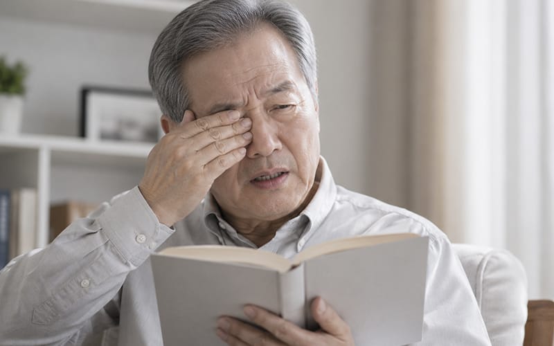 An elderly patient squinting and rubbing their eyes while reading a book
