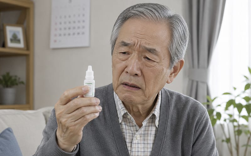 An elderly patient holding eye drops with a worried expression