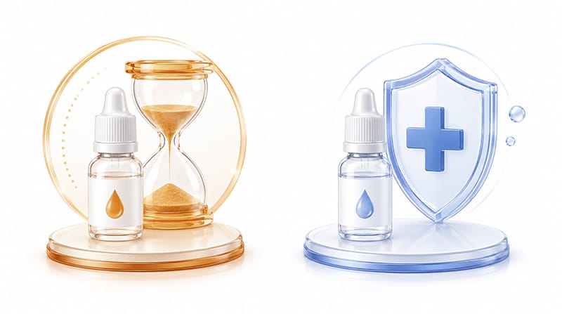 An infographic comparing eye drops for delaying opacity vs. controlling inflammation
