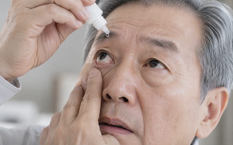 An elderly patient applying eye drops to their eye