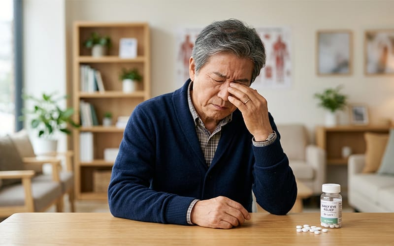 An elderly patient rubbing their eyes with medication placed on a desk