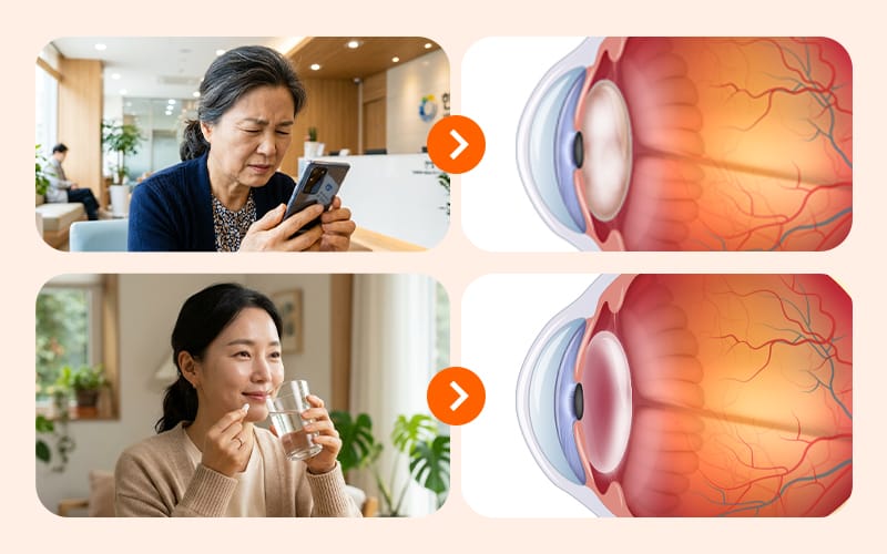An illustration comparing age-related cataracts with steroid-induced cataracts