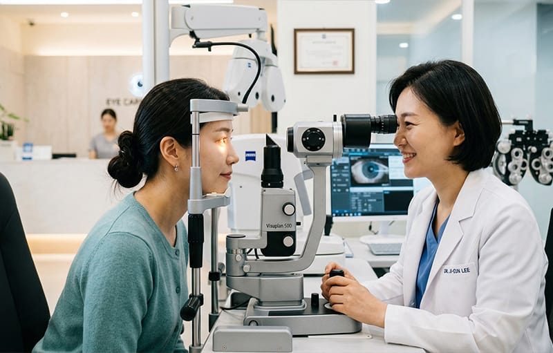 A patient undergoing an eye examination with diagnostic equipment at a clinic