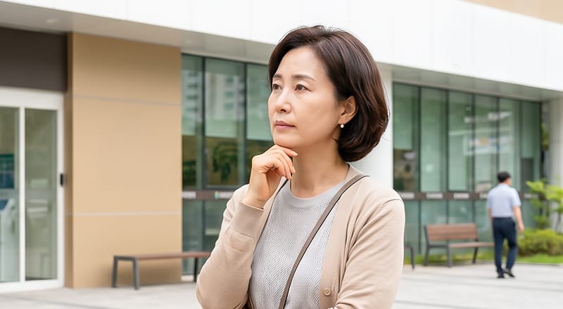 A middle-aged diabetic patient looking worried in front of a hospital