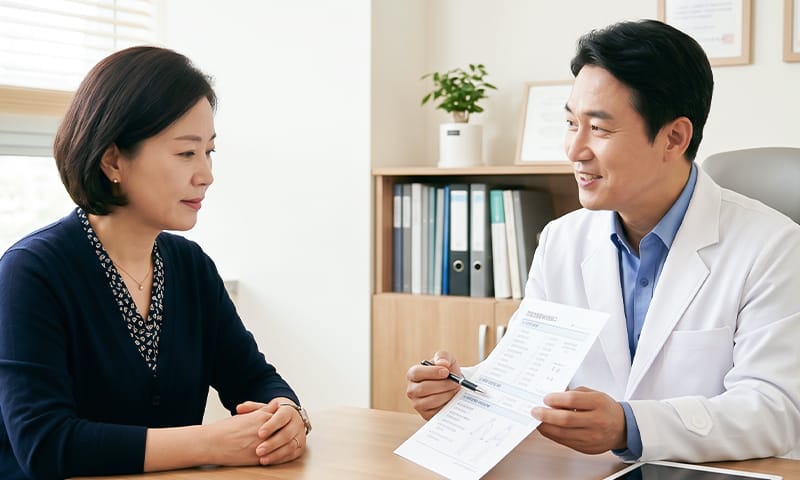 A middle-aged diabetic patient consulting with a doctor at a clinic