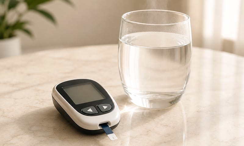 A blood glucose meter and a glass of warm water neatly placed on a table