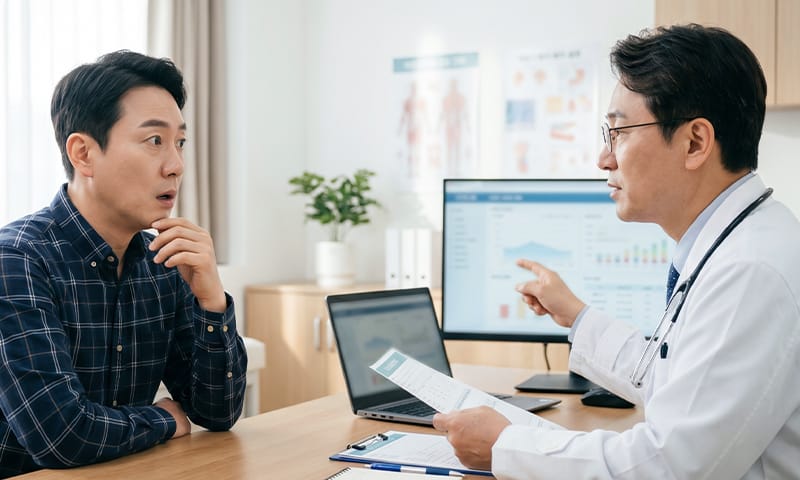 A patient in their 40s or 50s looking surprised during a diabetes consultation with a doctor