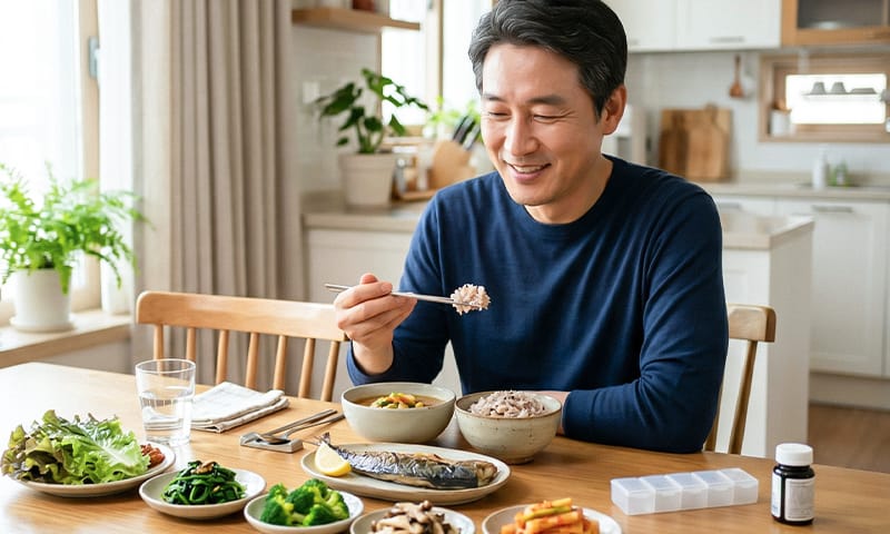 A patient in their 40s or 50s eating a healthy meal after recovery
