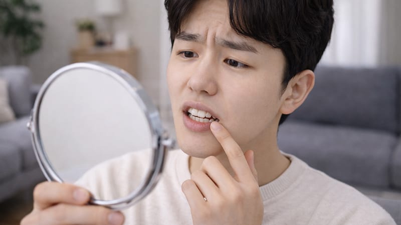 A young adult in their 20s or 30s looking worried about dental veneers