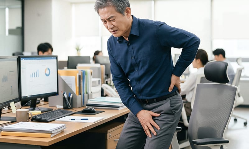 A person experiencing leg numbness when standing up from an office chair