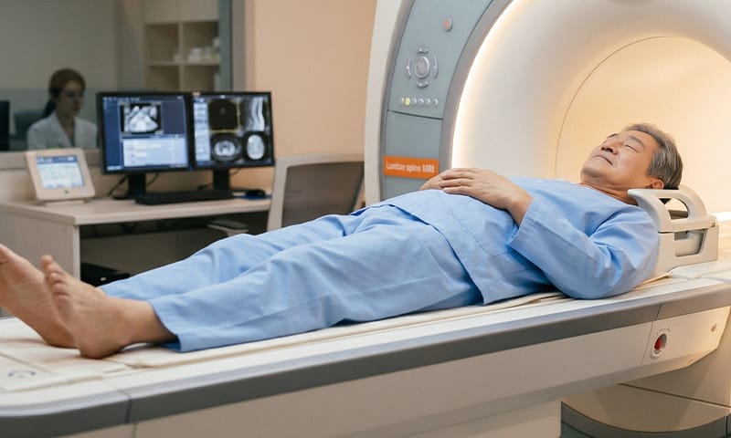 A herniated disc patient undergoing an MRI scan