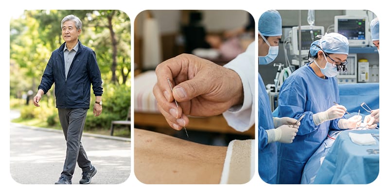A three-split image comparing conservative care (walking), acupuncture, and surgery evaluation