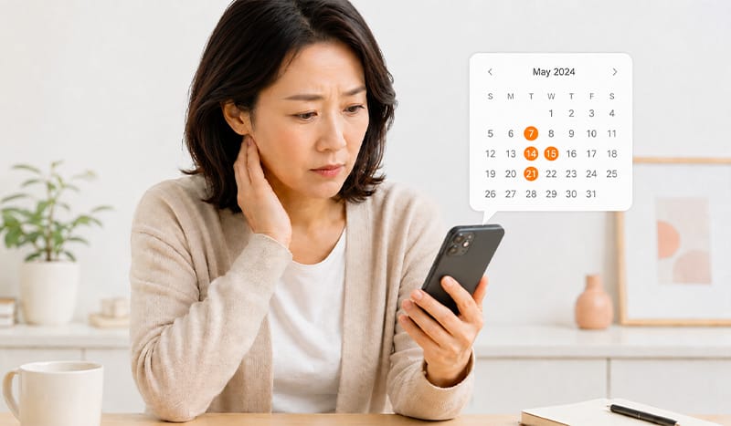 A woman in her early 40s looking at a smartphone calendar, worried about irregular periods