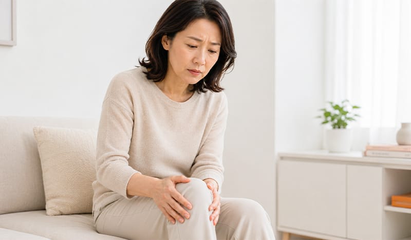 A woman in her early 40s clutching her knee in pain