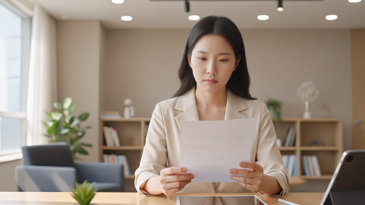 교정 치료 전, 담당 의사의 자격, 진단 투명성, 유지관리 계획 등을 꼼꼼하게 따져보고 검토하고 있는 환자의 모습