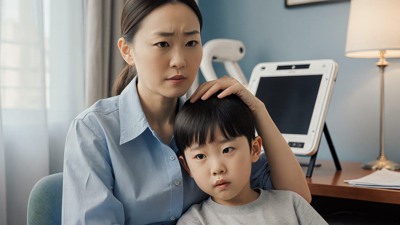 아이를 안고 걱정스러운 표정을 짓는 부모의 모습. 소아 치과 방사선 촬영에 대한 부모의 불안감을 표현