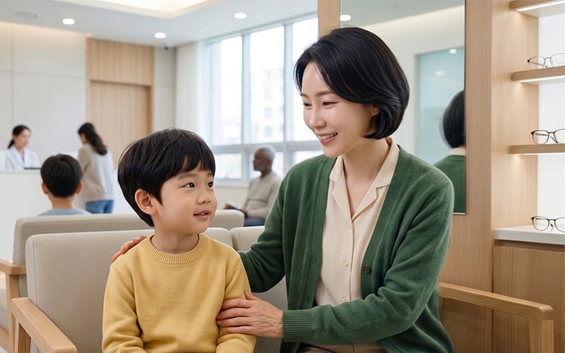 A parent waiting with their child in an ophthalmology clinic waiting room