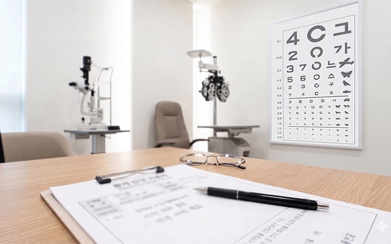 A chart document and pen placed in front of a vision chart