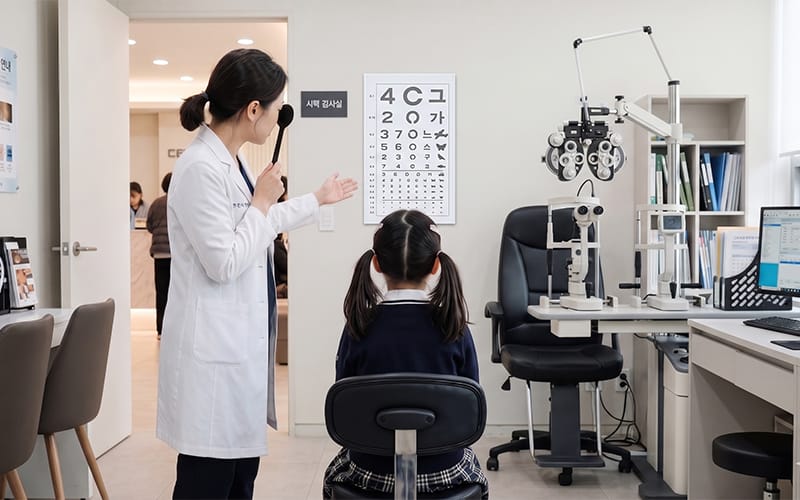Rear view of a child taking a vision test while looking at a vision chart