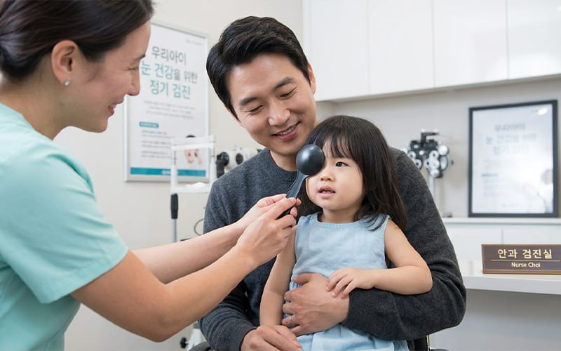 A parent holding a child while a clinician performs a vision test