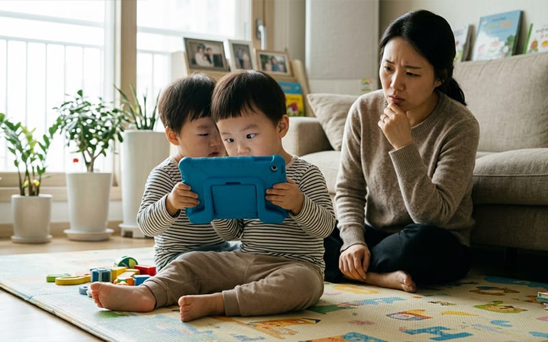A toddler under age 3 looking very closely at a tablet PC with slight eye crossing, while a parent watches with concern